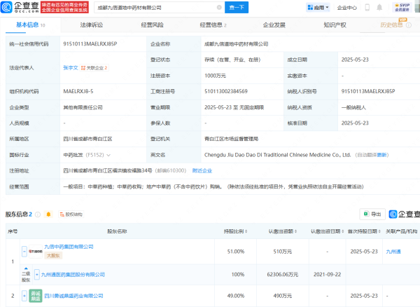 出彩速配  九州通等投资成立中药材公司，含中草药种植业务